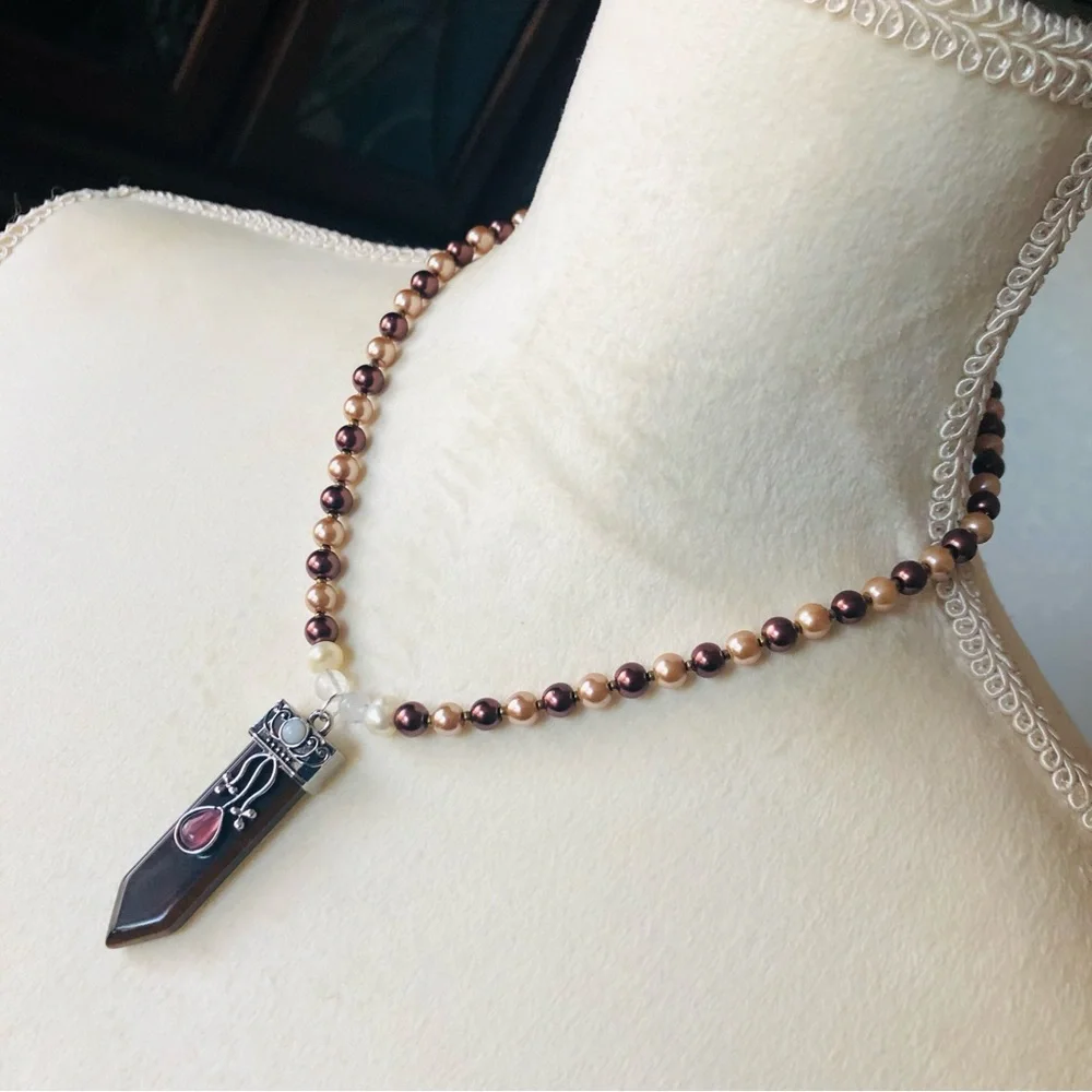 Handcrafted repurpose Tiger eye stone pendant Czech glass Pearl necklace